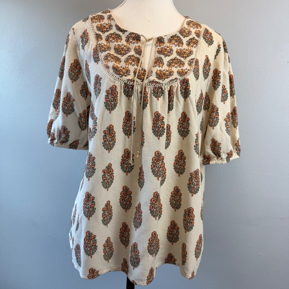 Wonderly Large Floral Linen Blend Peasant Blouse Cream Orange Short Sleeve Boho